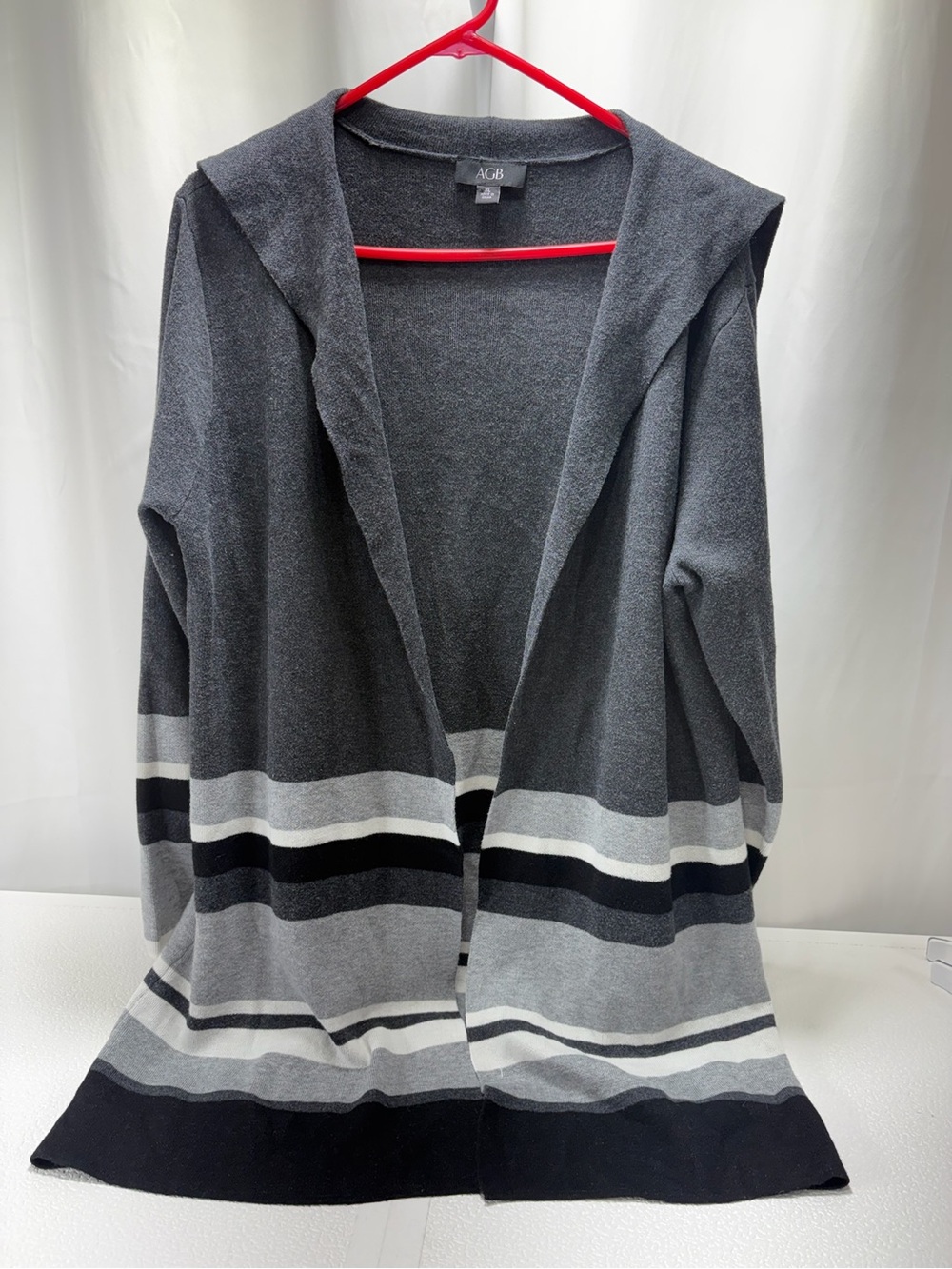 AGB Hooded Open-Front Striped Gray and Black Cardigan 4371